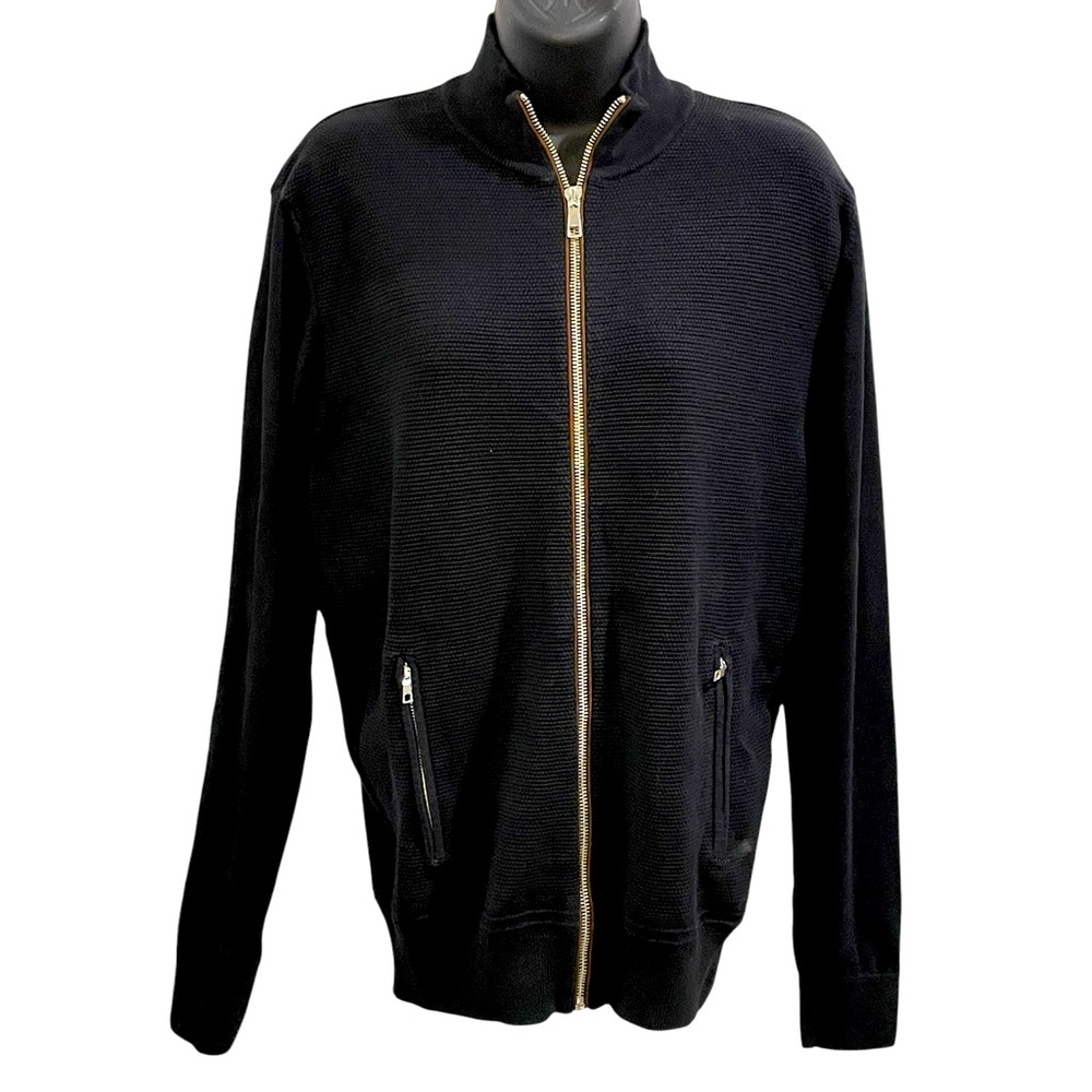 Zara Black and Gold Zip Up Sweater with Stand-Up Collar bomber varsity jacket